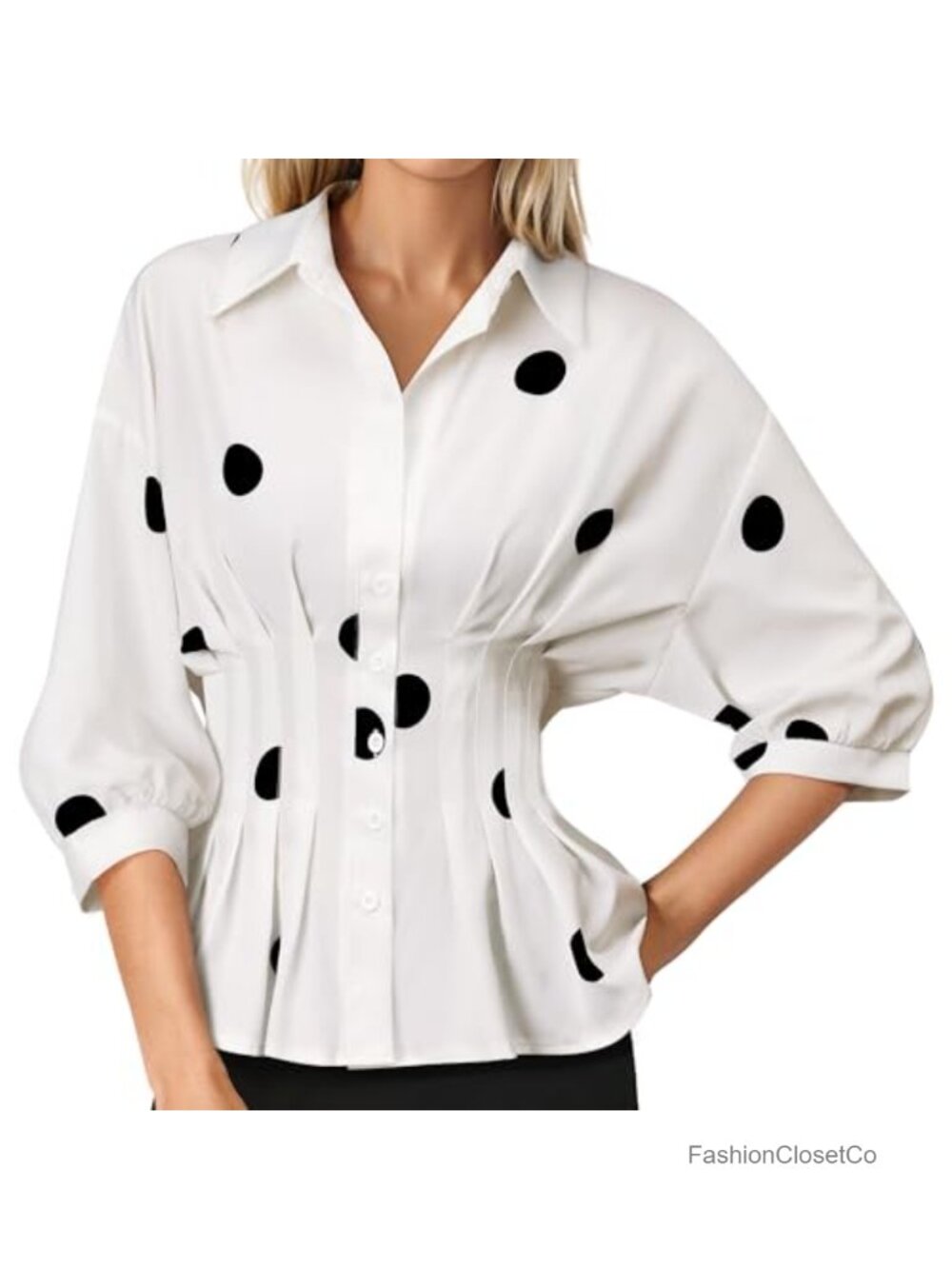 Women's Polka Dot Collared 3/4 Sleeve Peplum Blouse Button Down
